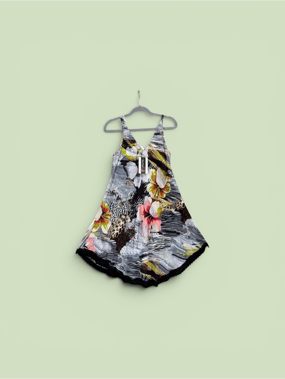 Girls Floral Print Sundress with Lace Trim - Gray and Pink